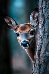 Deer peeks from behind tree, brown fur and large ears visible against forest.