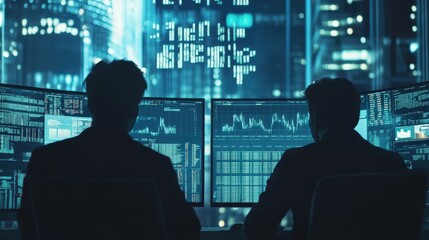 Silhouette of Two Traders Analyzing Stock Market Data on Multiple Monitors in a City Office
