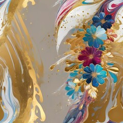 Vibrant abstract flower with golden accents in colorful swirling patterns and dynamic gradient background, digital art style
