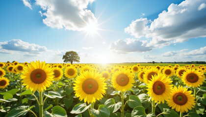 Obraz premium Sunlight bathes vibrant sunflowers in a sprawling field beneath a stunning blue sky at dusk