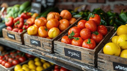 A vibrant display of fresh tomatoes and lemons in wooden crates at a market.