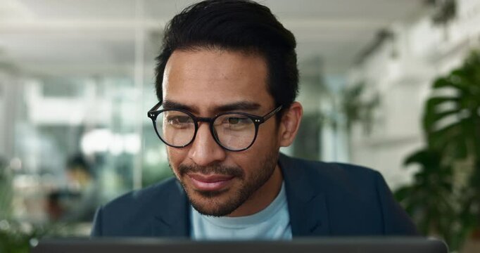 Man, eyewear and laptop in office for reading, investment report and online for budget review. Male person, glasses and website for accounting update on company, employee and read trading research