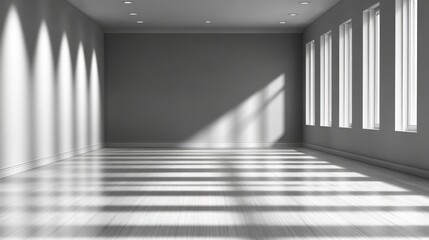 Soft sunlight streams through tall windows, casting intricate shadows on the smooth floor