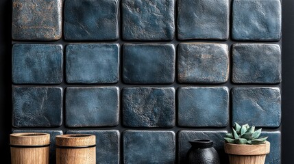 A tasteful arrangement highlights textured tiles on the wall, complemented by elegant planters