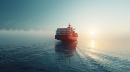 Fototapeta premium Majestic Cargo Ship at Sunset: A Tranquil Voyage Across the Ocean