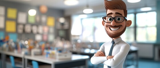 Fototapeta premium A cartoon man with glasses and a beard is standing in front of a classroom