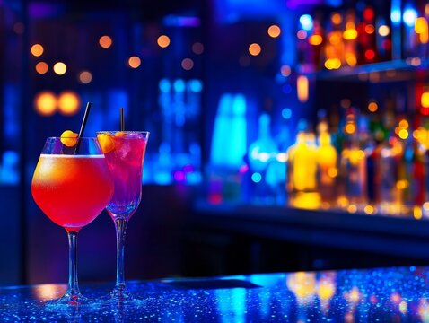 Refreshing cocktails garnished with orange slice and mint leaves are standing on bar counter with blurred nightclub lights in background