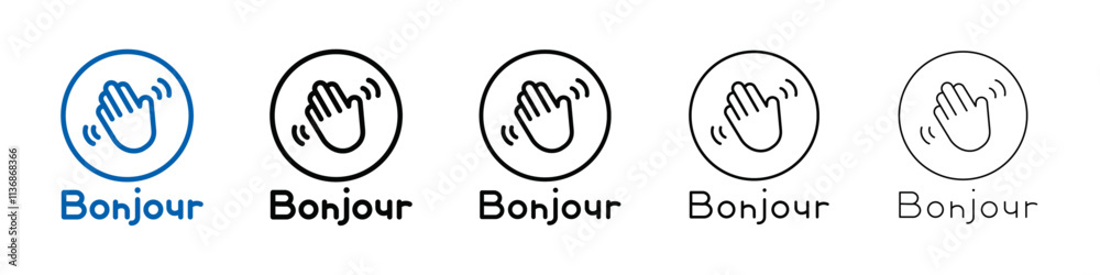 Aufkleber bonjour text with hand wave icon outline vector logo for web ui
