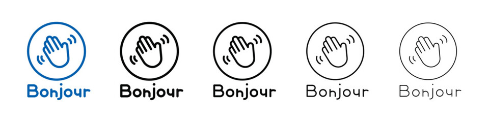 Bonjour text with hand wave icon Outline vector logo for web ui © Hindi