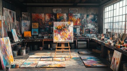 Fototapeta premium A Vibrant Artist's Studio Filled with Colorful Paintings and Art Supplies