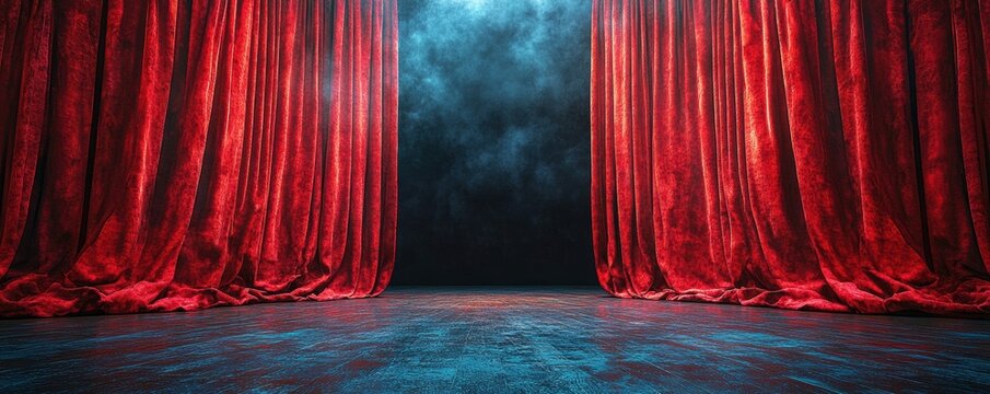 Red velvet curtains open dramatically on a dimly lit theater stage