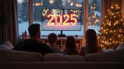 A heartwarming holiday scene where a family watches a Christmas film on a large screen in the living room. The table in front displays the numbers 2025 made of lit candles, enhancing the festive cheer