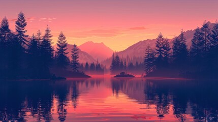 Fototapeta premium Serene Sunset over Mountain Lake