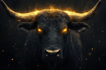 Powerful Taurus bull with glowing horns and eyes on dark background