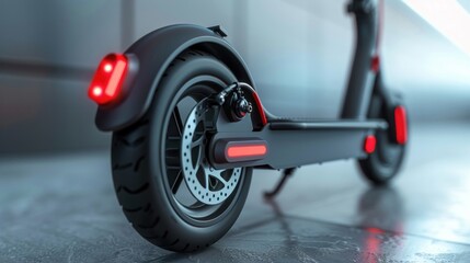 Sleek Black Electric Scooter with Red Lights, Modern Design, Close-up View