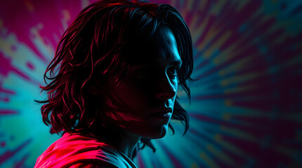Young man with long hair in a thoughtful pose against a colorful abstract background for creative concepts