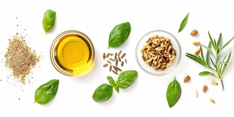 Pasta, olive oil, basil, pine seed, olive oil isolated on white background. Mediterranean diet