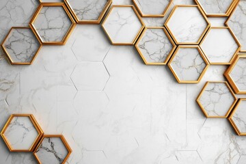 Modern hexagonal wall art with gold accents on marble background