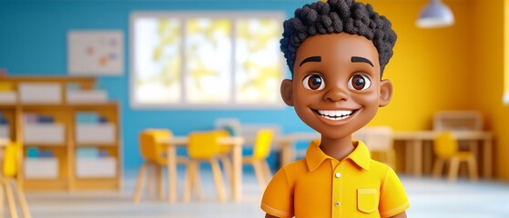 A cartoon boy is smiling in a classroom with yellow walls and yellow chairs