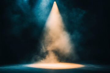 A smokey stage, dark, smokey, misty, mist, smoke, spotlight, smoke, spotlights, light, lightning, lights, effect, fog, dramatic, black, space, generative ai, bright, room, performith spotlights	