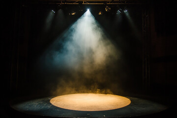 A smokey stage, dark, smokey, misty, mist, smoke, spotlight, smoke, spotlights, light, lightning, lights, effect, fog, dramatic, black, space, generative ai, bright, room, performith spotlights	