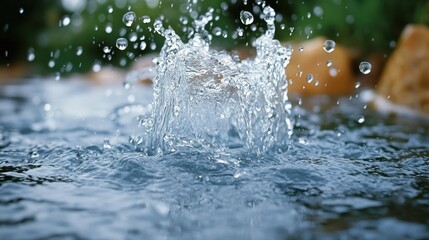 Water droplets leap from a calm pond, sparkling in the gentle sunlight