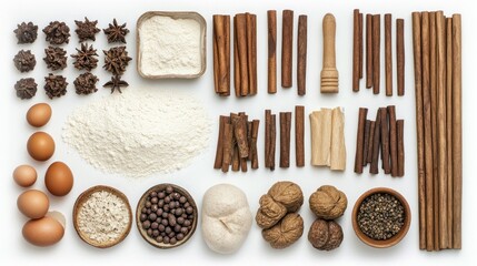 Baking Ingredients Flat Lay: A Collection of Spices, Nuts, and Flour for Delicious Treats