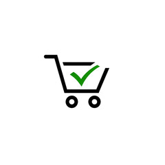 Vector illustration of shopping cart icon with green check mark on transparent background, symbol of adding goods to cart, checkout. 