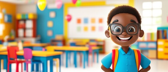 A cartoon boy is standing in a classroom with a smile on his face