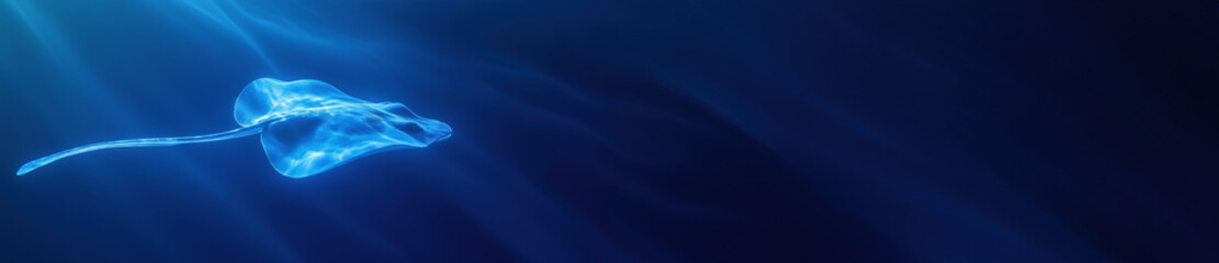 Blue Stingray Swimming Underwater in Clear Deep Blue Ocean With Light God Rays Banner. Copyspace for Text	

