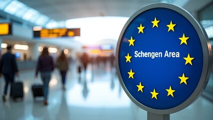 Schengen Area sign with text “ Schengen Area ” with European Union emblem in airport terminal, blurred figures of travelers in the background.