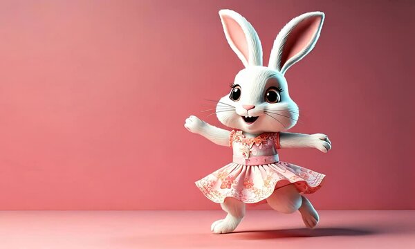 Dancing Easter Bunny on a Pink Background with Space for Copy