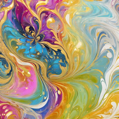 Vibrant abstract flower with golden accents in colorful swirling patterns and dynamic gradient background, digital art style