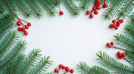Branches of a christmas tree with red berries and green needles, space for text