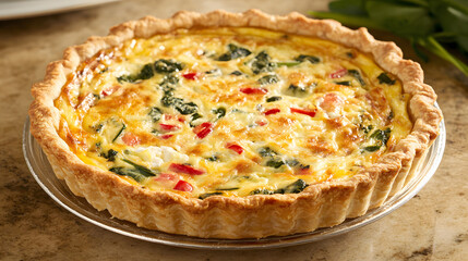 A Charming Display of Homemade Quiche on a Cozy Kitchen Table with Exquisite Marble and Rustic Wood Backdrop Inviting Family Sharing