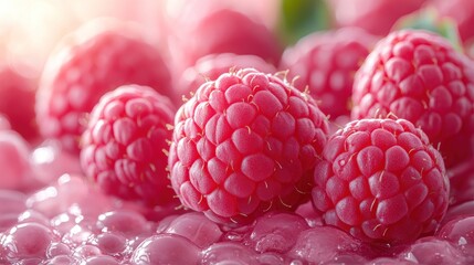 Juicy raspberries glow in the sun, showcasing their vibrant color in the garden