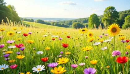Fototapeta premium A panoramic view of a vibrant wildflower meadow in full bloom, showcasing an array of summer flowers in various colors