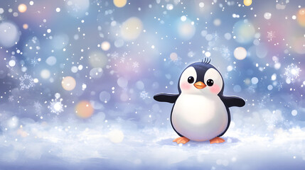 Naklejka premium A Cute Cartoon Penguin Waddling Through Snow with a Playful Expression Surrounded by Colorful Bokeh and Falling Snowflakes