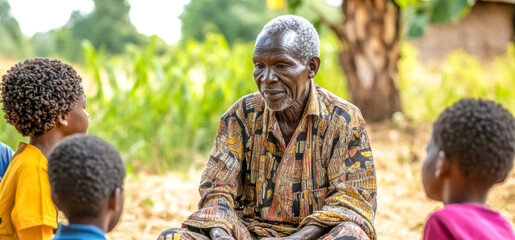 Fototapeta na wymiar Elderly man sharing stories with young children in rural africa