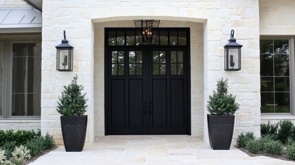 Elegant Entrance to a Modern Country House with Black Wooden Doors