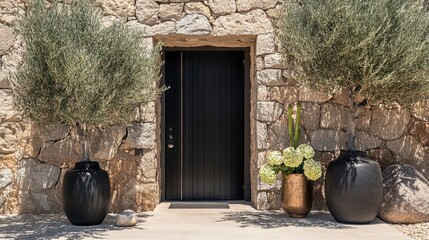 Rustic Stone Cottage Entrance with Flowers and Pots