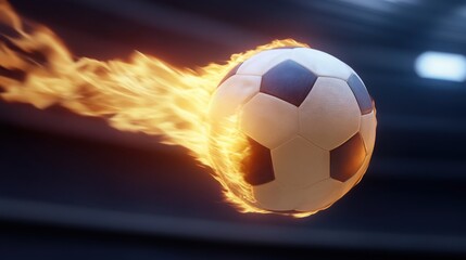 Fototapeta premium a fiery soccer ball mid-flight, speeding into the net with sparks and flames trailing behind