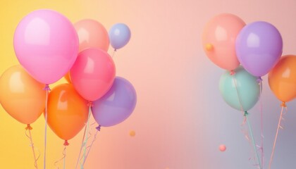 A fun and colorful bunch of balloons in shades of blue, yellow, and red, placed against a soft, pastel background