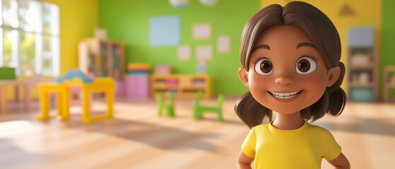 A cartoon girl is smiling in a bright yellow shirt in a room with green walls