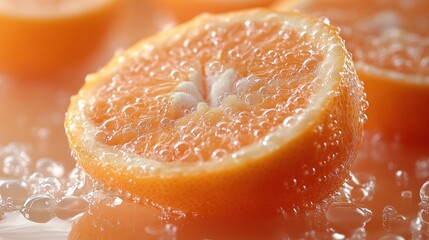 Bright orange slices float in sparkling water, offering a refreshing summer vibe.