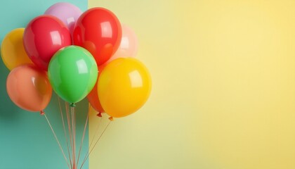 A collection of bright balloons in various vibrant colors like red, green, and orange, arranged in a playful bunch against a colorful, solid background