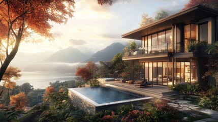 Breathtaking Lakeside Luxury Villa in Autumn Scenery