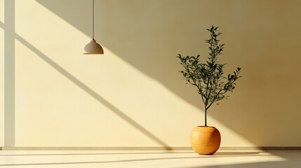 Modern Indoor Plant in Minimalist Space - A serene interior scene featuring a vibrant potted plant under warm lighting highlighting minimalistic design elements.