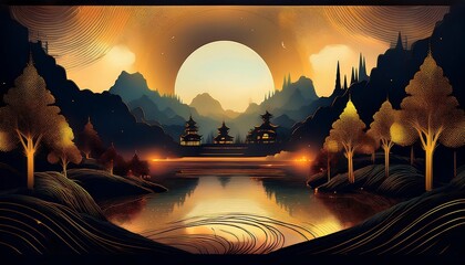 Monochromatic black art collage featuring a serene lake surrounded by dark mountains and golden accents at sunset. Generative AI