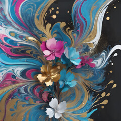 Vibrant abstract flower with golden accents in colorful swirling patterns and dynamic gradient background, digital art style